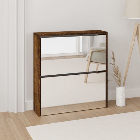 vidaXL Mueble zapatero con espejo 2 niveles roble ahumado 63x17x67 cm