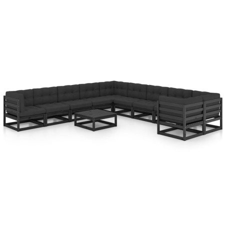 vidaXL Set de muebles de jardín 11 pzas con cojines madera pino negro