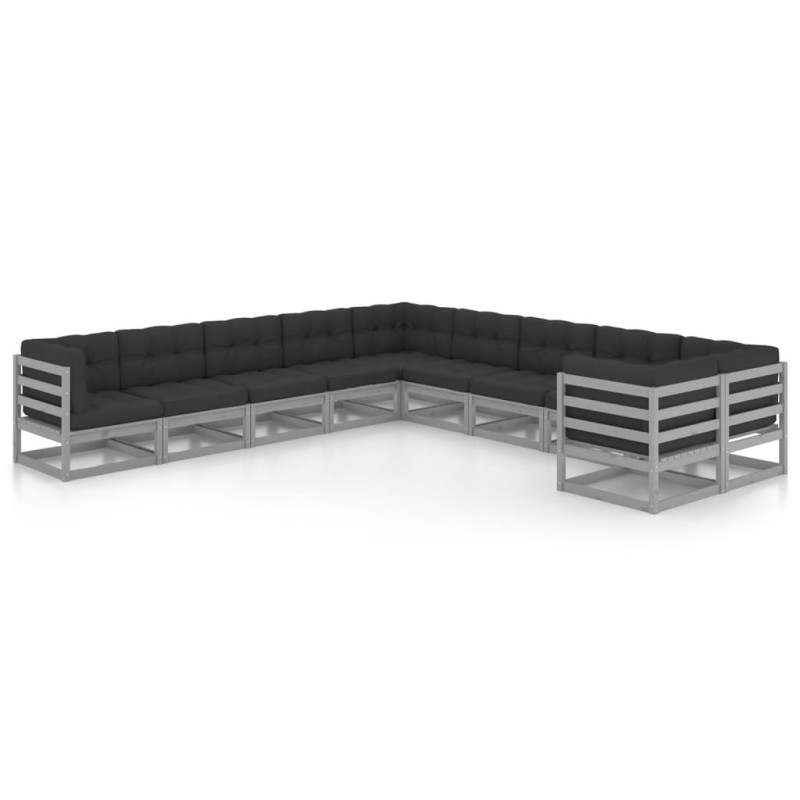 vidaXL Set de muebles de jardín 10 pzas con cojines madera pino gris vidaXL Set de muebles de jardín 10 pzas con cojines madera pino gris
