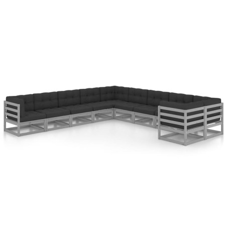 vidaXL Set de muebles de jardín 10 pzas con cojines madera pino gris