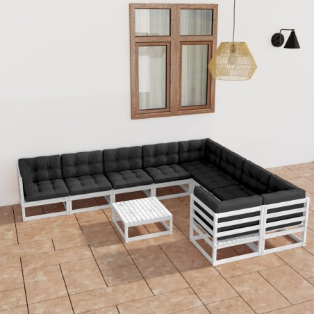 vidaXL Set de muebles de jardín 10 pzas con cojines madera pino blanco