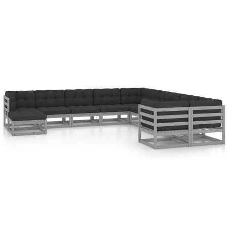vidaXL Set de muebles de jardín 11 pzas con cojines madera pino gris