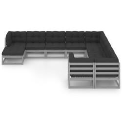 vidaXL Set de muebles de jardín 11 pzas con cojines madera pino gris