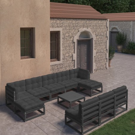 vidaXL Set de muebles de jardín 10 pzas con cojines madera pino negro