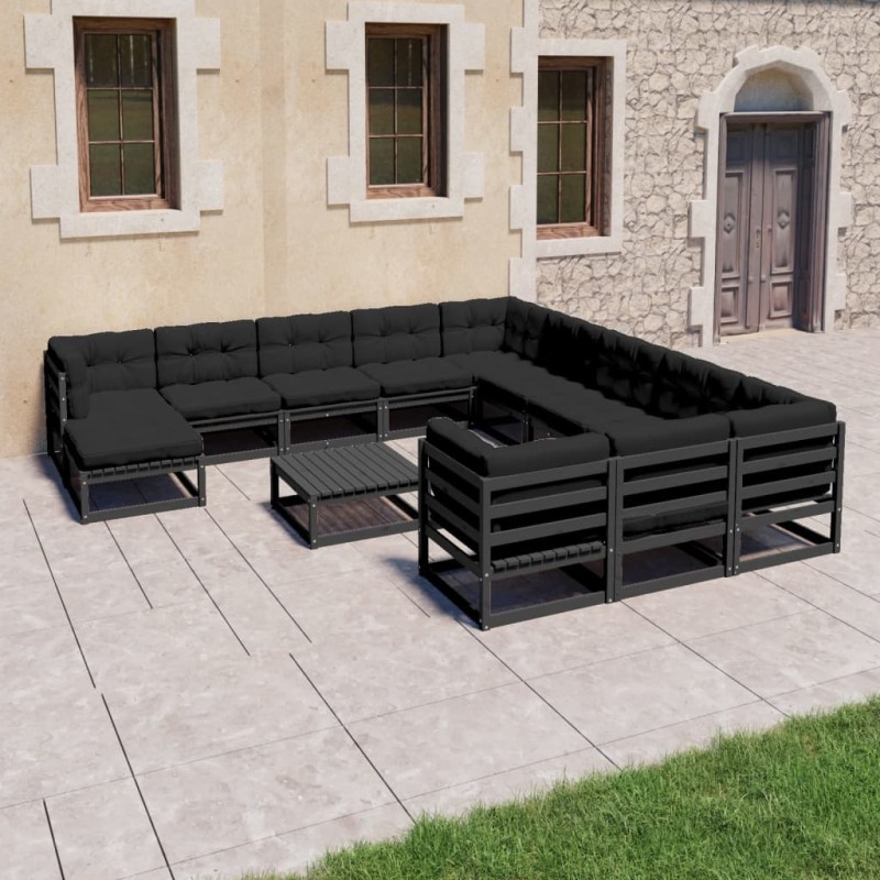 vidaXL Set de muebles de jardín 13 pzas con cojines madera pino negro vidaXL Set de muebles de jardín 13 pzas con cojines madera pino negro