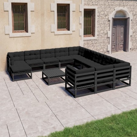 vidaXL Set de muebles de jardín 13 pzas con cojines madera pino negro