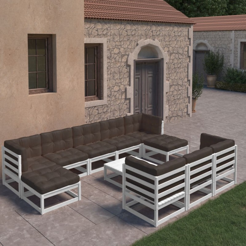 vidaXL Set de muebles de jardín 11 pzas con cojines madera pino blanco vidaXL Set de muebles de jardín 11 pzas con cojines madera pino blanco