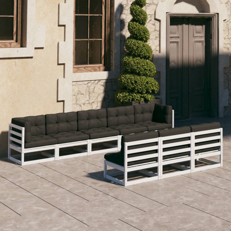 vidaXL Set muebles jardín con cojines 8 pzas madera maciza pino blanco vidaXL Set muebles jardín con cojines 8 pzas madera maciza pino blanco