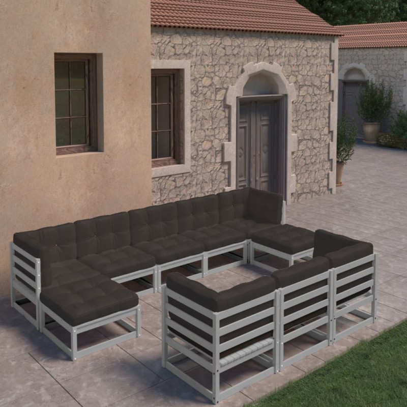 vidaXL Set de muebles de jardín 10 pzas con cojines madera pino gris vidaXL Set de muebles de jardín 10 pzas con cojines madera pino gris