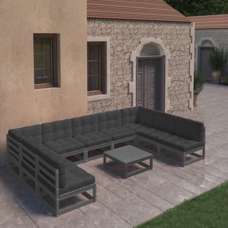 vidaXL Set de muebles de jardín 10 pzas con cojines madera pino negro