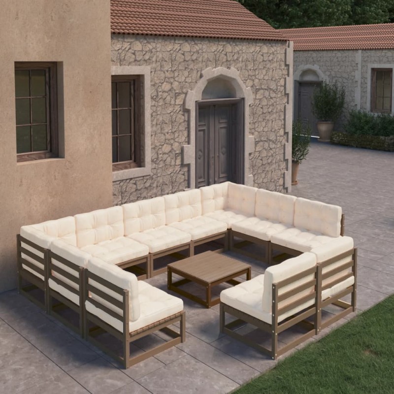 vidaXL Set de muebles de jardín 10 pzs cojines madera pino marrón miel vidaXL Set de muebles de jardín 10 pzs cojines madera pino marrón miel