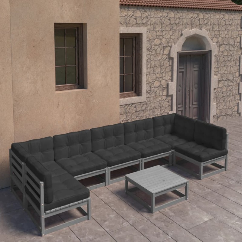 vidaXL Set de muebles de jardín 8 pzas con cojines madera pino gris vidaXL Set de muebles de jardín 8 pzas con cojines madera pino gris
