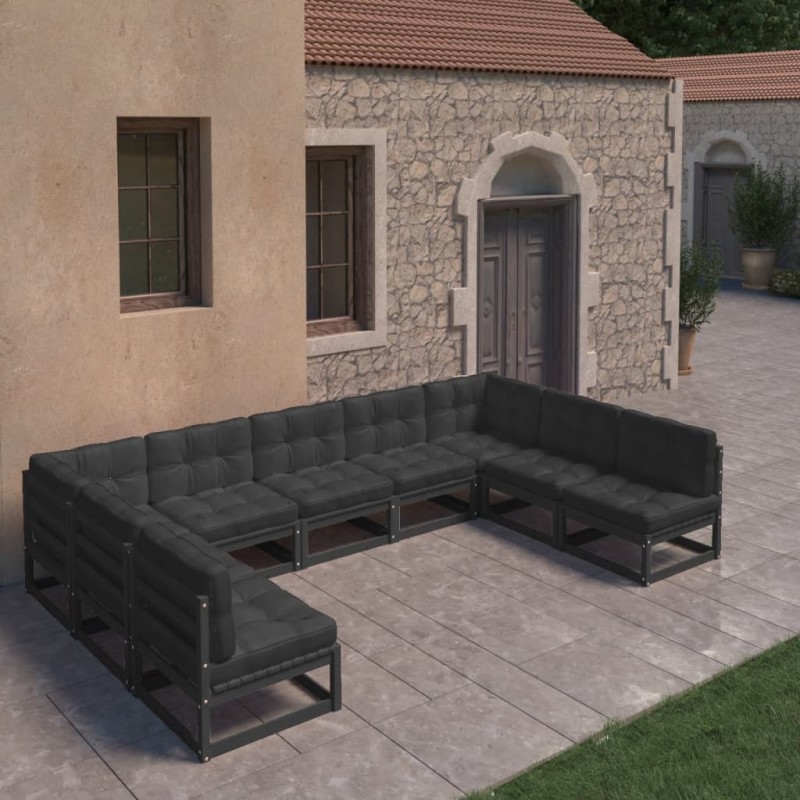 vidaXL Set de muebles de jardín 9 pzas con cojines madera pino negro vidaXL Set de muebles de jardín 9 pzas con cojines madera pino negro