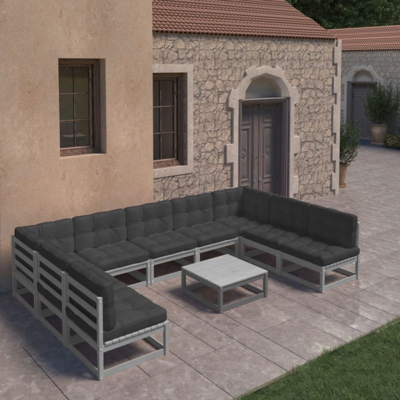 vidaXL Set de muebles de jardín 10 pzas con cojines madera pino gris vidaXL Set de muebles de jardín 10 pzas con cojines madera pino gris