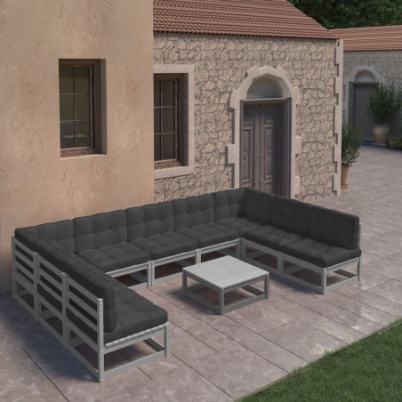 vidaXL Set de muebles de jardín 10 pzas con cojines madera pino gris
