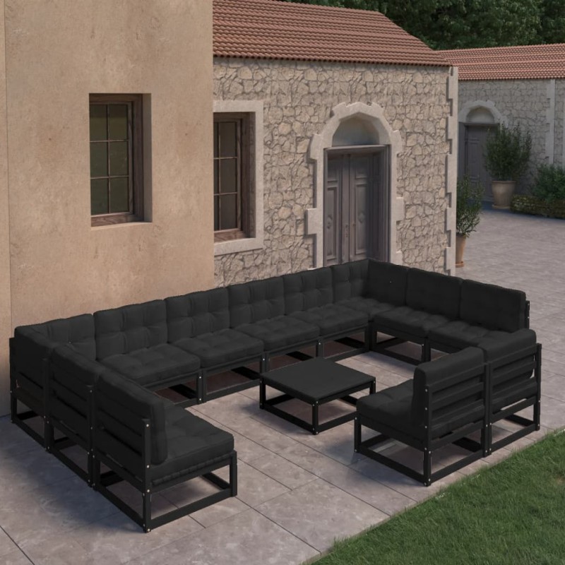 vidaXL Set de muebles de jardín 13 pzas con cojines madera pino negro