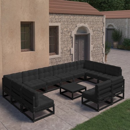 vidaXL Set de muebles de jardín 13 pzas con cojines madera pino negro