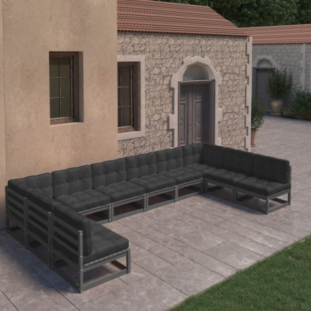 vidaXL Set de muebles de jardín 10 pzas con cojines madera pino negro