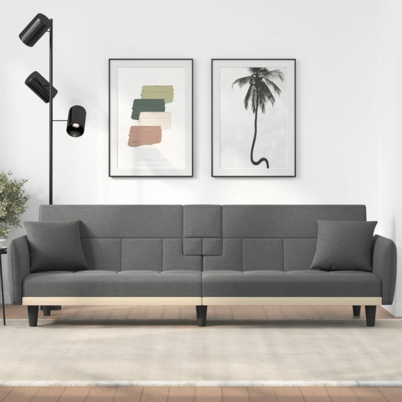 vidaXL Sofá cama con portavasos tela gris oscuro vidaXL Sofá cama con portavasos tela gris oscuro