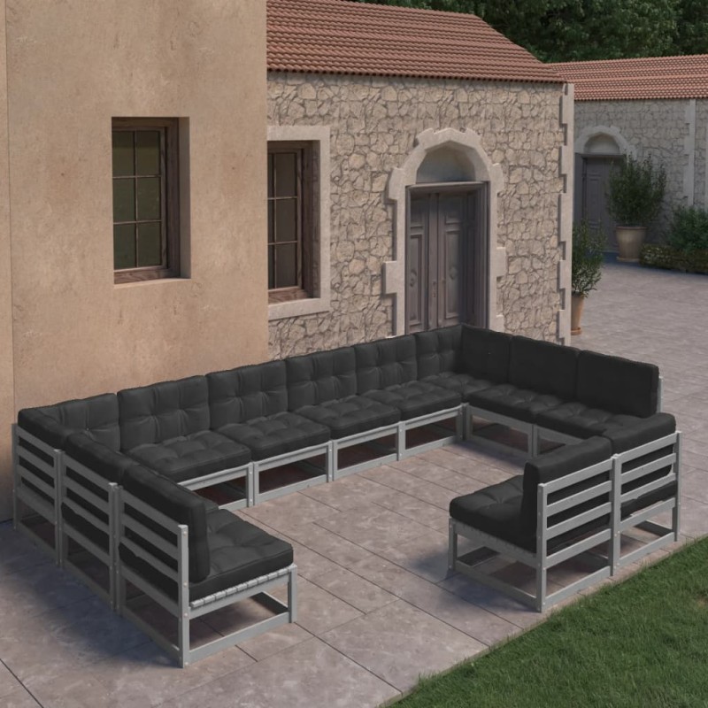 vidaXL Set de muebles de jardín 12 pzas con cojines madera pino gris vidaXL Set de muebles de jardín 12 pzas con cojines madera pino gris