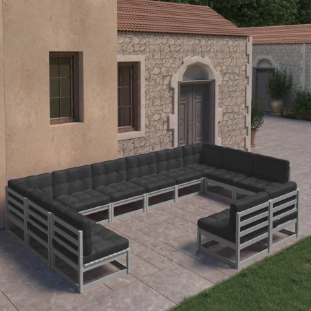 vidaXL Set de muebles de jardín 12 pzas con cojines madera pino gris