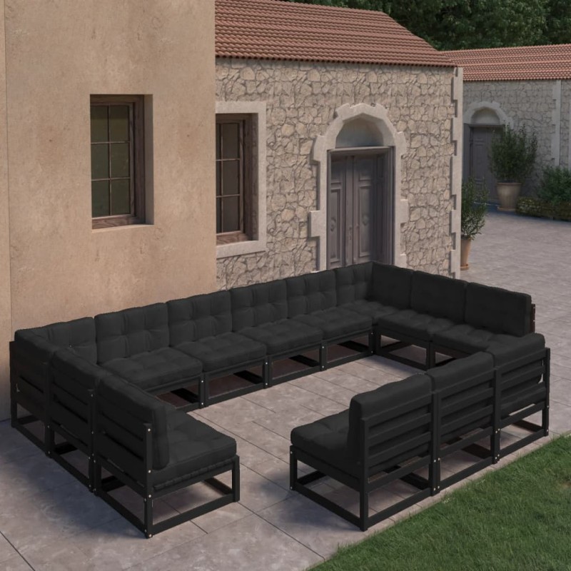 vidaXL Set de muebles de jardín 13 pzas con cojines madera pino negro
