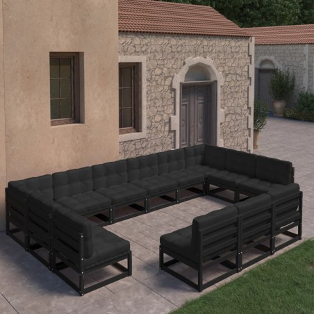 vidaXL Set de muebles de jardín 13 pzas con cojines madera pino negro