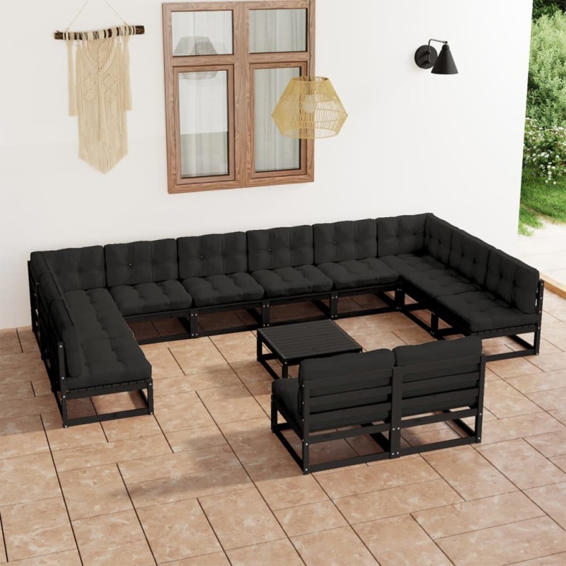 vidaXL Set de muebles de jardín 13 pzas con cojines madera pino negro vidaXL Set de muebles de jardín 13 pzas con cojines madera pino negro