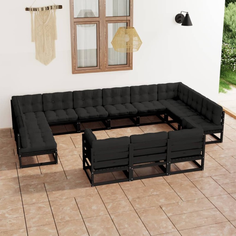 vidaXL Set de muebles de jardín 13 pzas con cojines madera pino negro
