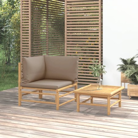 vidaXL Set de muebles de jardín 2 piezas bambú y cojines gris taupe