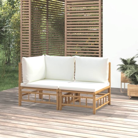 vidaXL Set de muebles de jardín 2 piezas bambú y cojines blanco crema