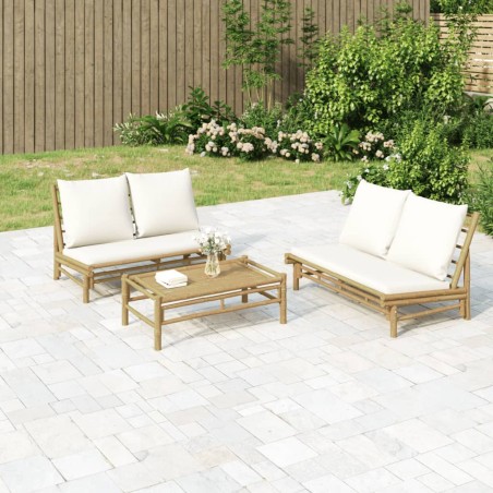 vidaXL Set de muebles de jardín 2 piezas bambú y cojines blanco crema
