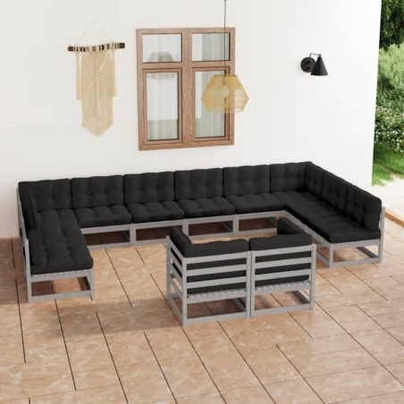 vidaXL Set de muebles de jardín 12 pzas con cojines madera pino gris