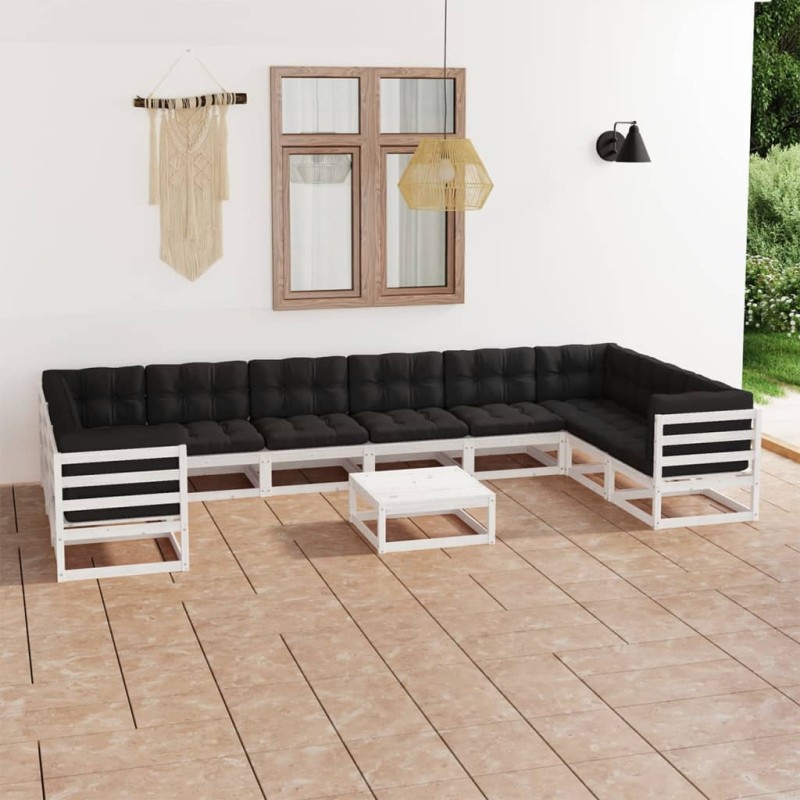 vidaXL Set de muebles de jardín 11 pzas con cojines madera pino blanco vidaXL Set de muebles de jardín 11 pzas con cojines madera pino blanco