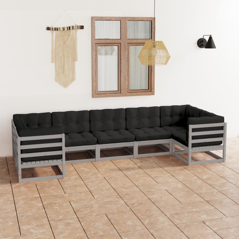 vidaXL Set de muebles de jardín 7 pzas con cojines madera pino gris vidaXL Set de muebles de jardín 7 pzas con cojines madera pino gris