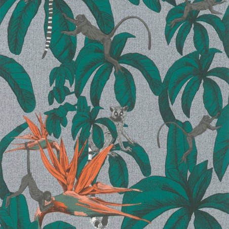 Noordwand Papel de pared Topchic Monkey Jungle Leaves verde y gris