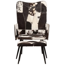 vidaXL Sillón orejero con reposapiés cuero auténtico negro