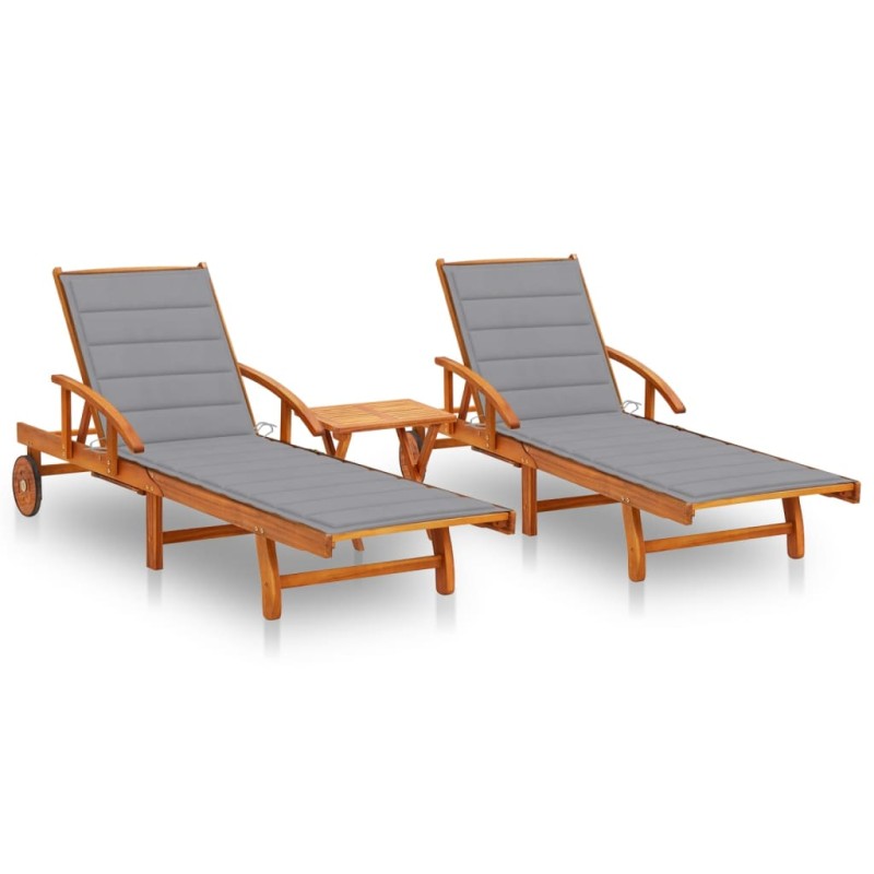 vidaXL Tumbonas con mesa y cojines 2 uds madera maciza de acacia vidaXL Tumbonas con mesa y cojines 2 uds madera maciza de acacia