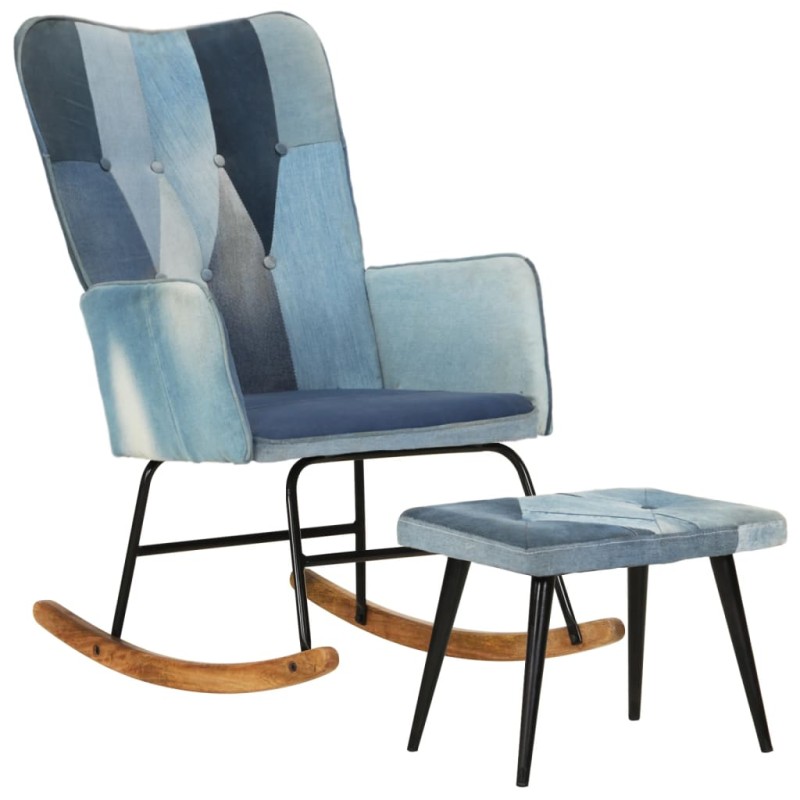 vidaXL Mecedora con reposapiés lona patchwork azul vaquero vidaXL Mecedora con reposapiés lona patchwork azul vaquero
