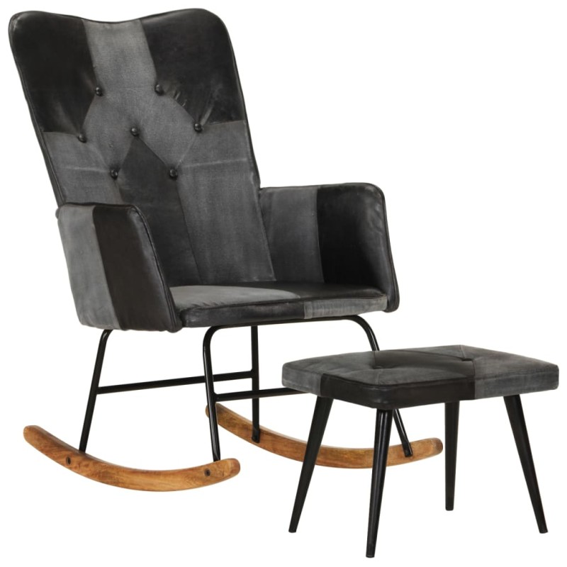 vidaXL Mecedora con taburete cuero auténtico y lona negro vidaXL Mecedora con taburete cuero auténtico y lona negro