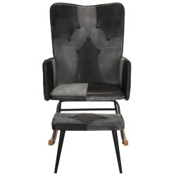 vidaXL Mecedora con taburete cuero auténtico y lona negro
