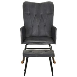 vidaXL Mecedora con taburete cuero auténtico gris