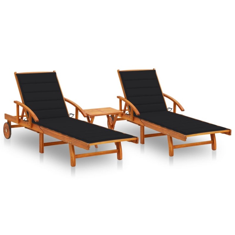 vidaXL Tumbonas con mesa y cojines 2 uds madera maciza de acacia vidaXL Tumbonas con mesa y cojines 2 uds madera maciza de acacia