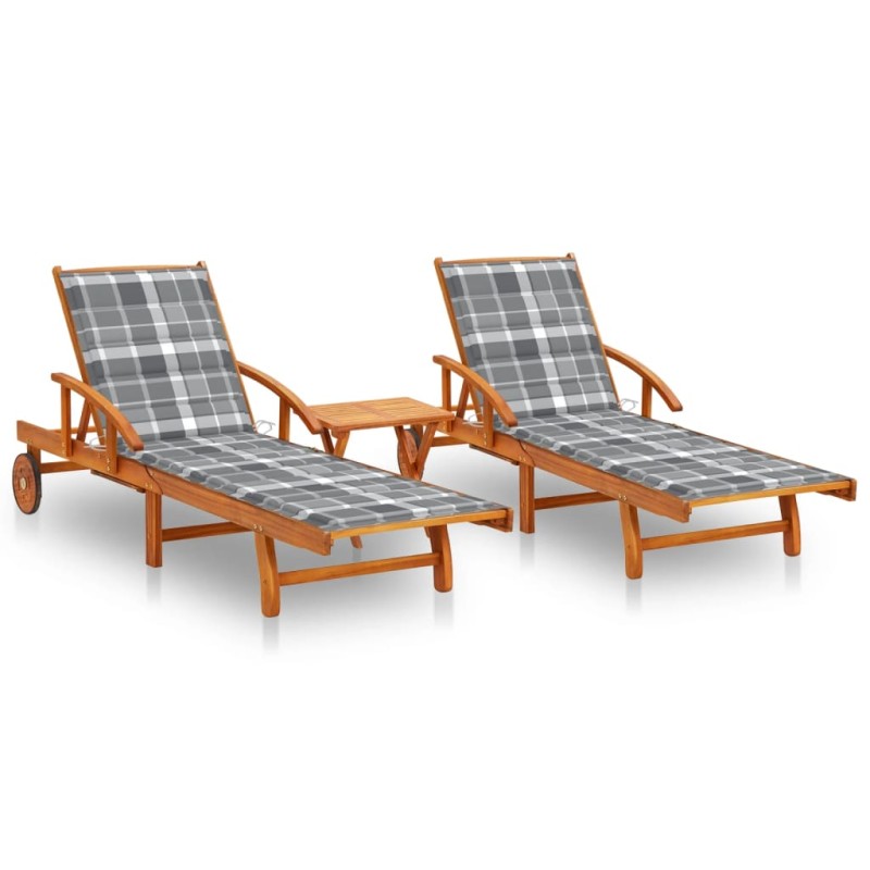 vidaXL Tumbonas con mesa y cojines 2 uds madera maciza de acacia vidaXL Tumbonas con mesa y cojines 2 uds madera maciza de acacia