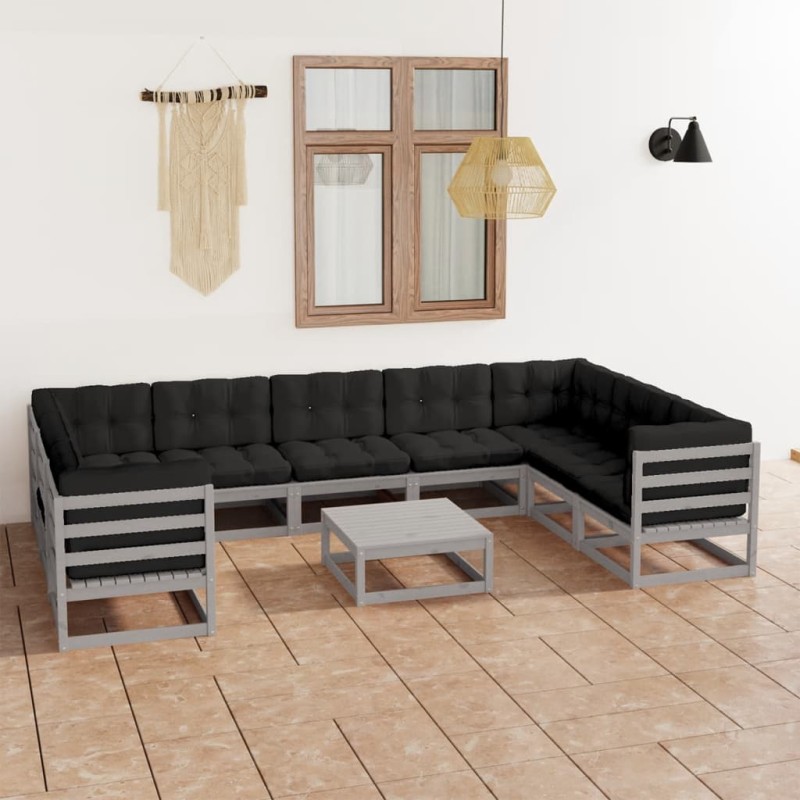 vidaXL Juego de muebles de jardín 10 pzas y cojines gris madera pino vidaXL Juego de muebles de jardín 10 pzas y cojines gris madera pino