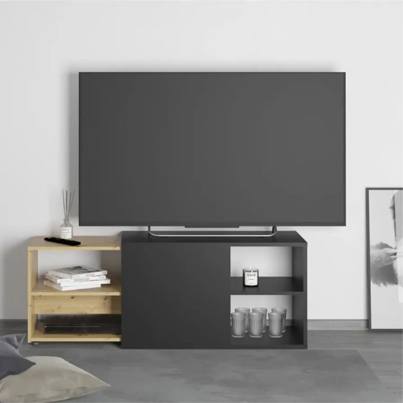 FMD Mueble de TV con 2 compartimentos abiertos negro y roble FMD Mueble de TV con 2 compartimentos abiertos negro y roble