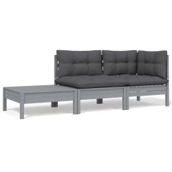 vidaXL Juego muebles de jardín 3 pzas cojines gris madera pino maciza