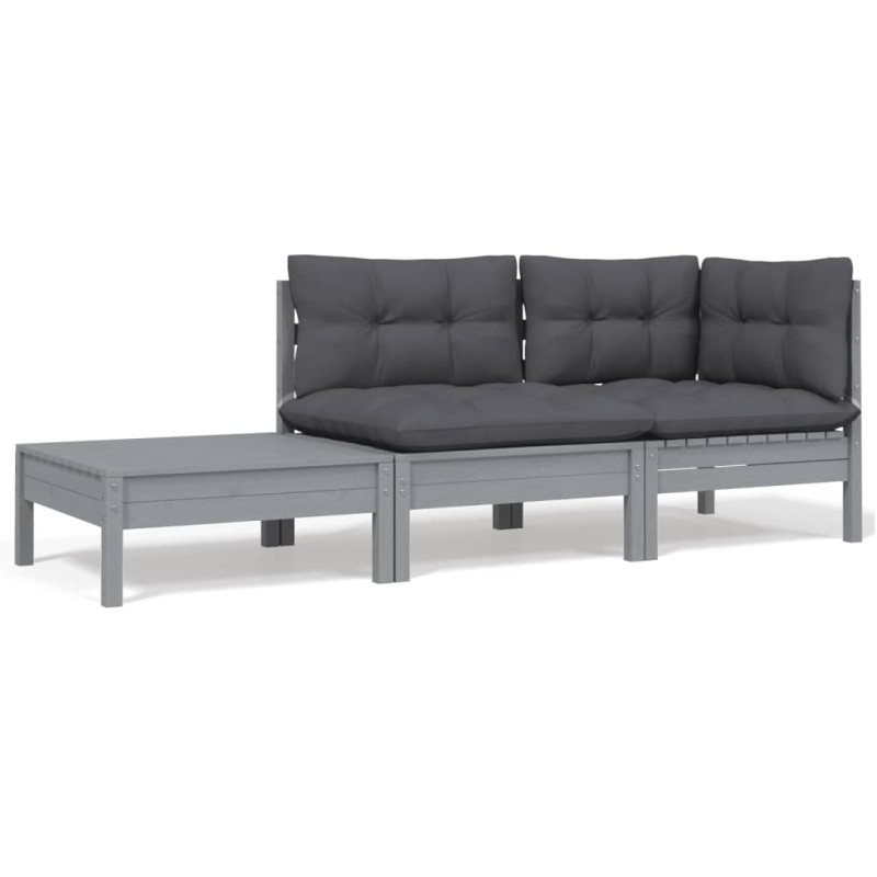 vidaXL Juego muebles de jardín 3 pzas cojines gris madera pino maciza vidaXL Juego muebles de jardín 3 pzas cojines gris madera pino maciza