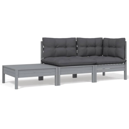 vidaXL Juego muebles de jardín 3 pzas cojines gris madera pino maciza
