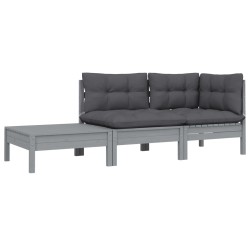 vidaXL Juego muebles de jardín 3 pzas cojines gris madera pino maciza